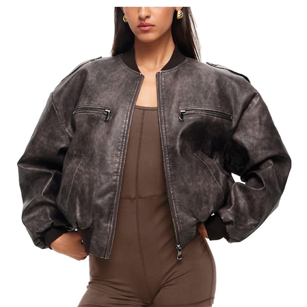 NWT XS Lioness Casey Distressed Black/Brown Faux Leather Oversized Bomber Jacket